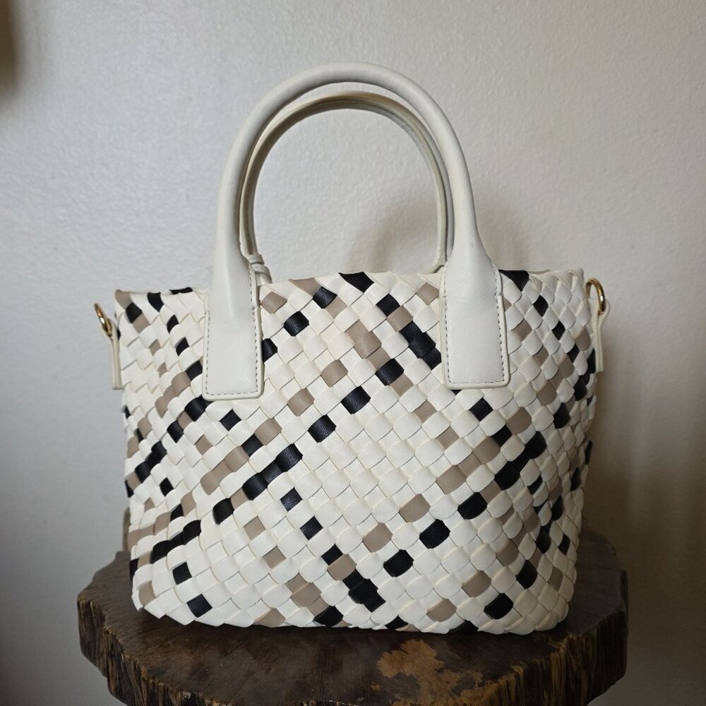 Satchel Tote Cream Black Neutral Top Handle Bag - Picture 10 of 16